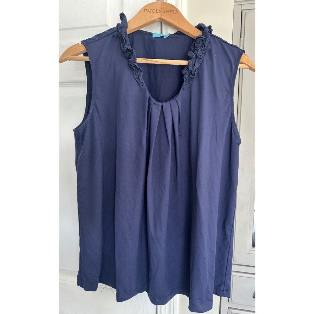J Mclaughlin Women's XL Navy Ruffle Collar Sleeveless Blouse Stretch Coastal